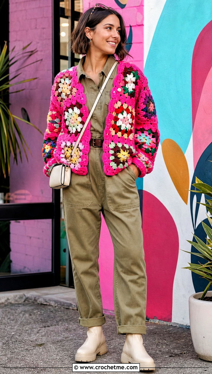 Floral Granny Square Blanket Sweater With Utility Jumpsuit - 30 crochet blanket sweater outfit ideas