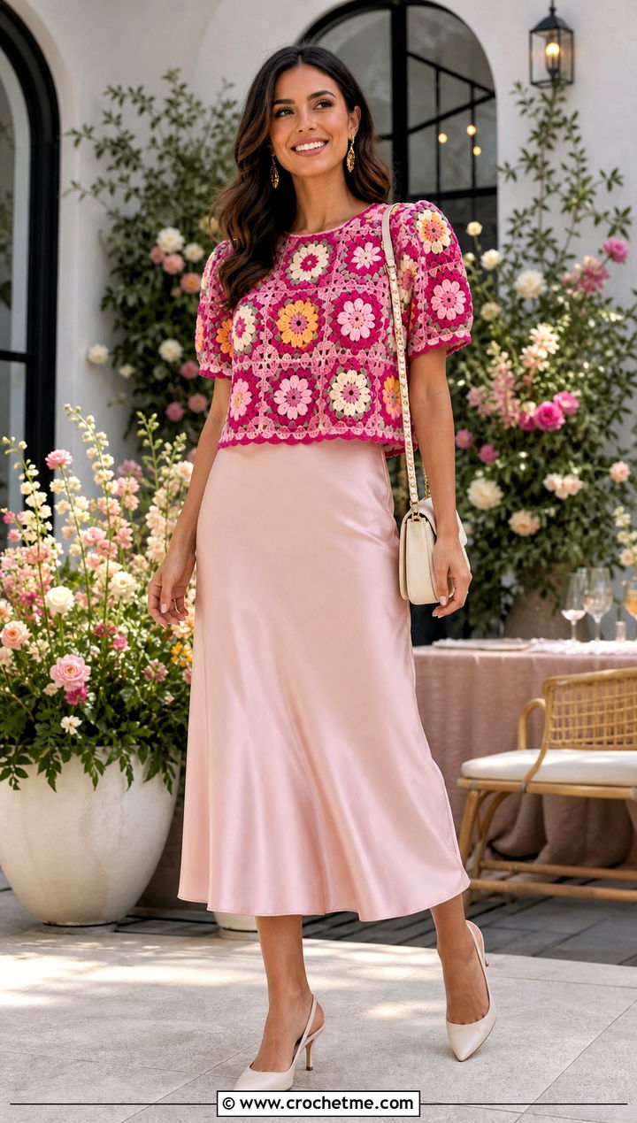 Floral Granny Square Blouse With Satin Midi Skirt - 35 Granny Square Blouse outfit ideas