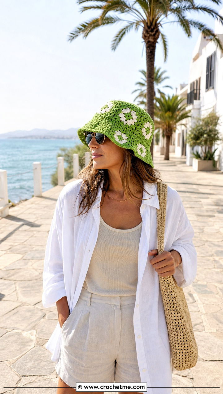 Floral Granny Square Bucket Hat With Linen Shirt And Shorts - 25 granny crochet bucket hat outfit ideas