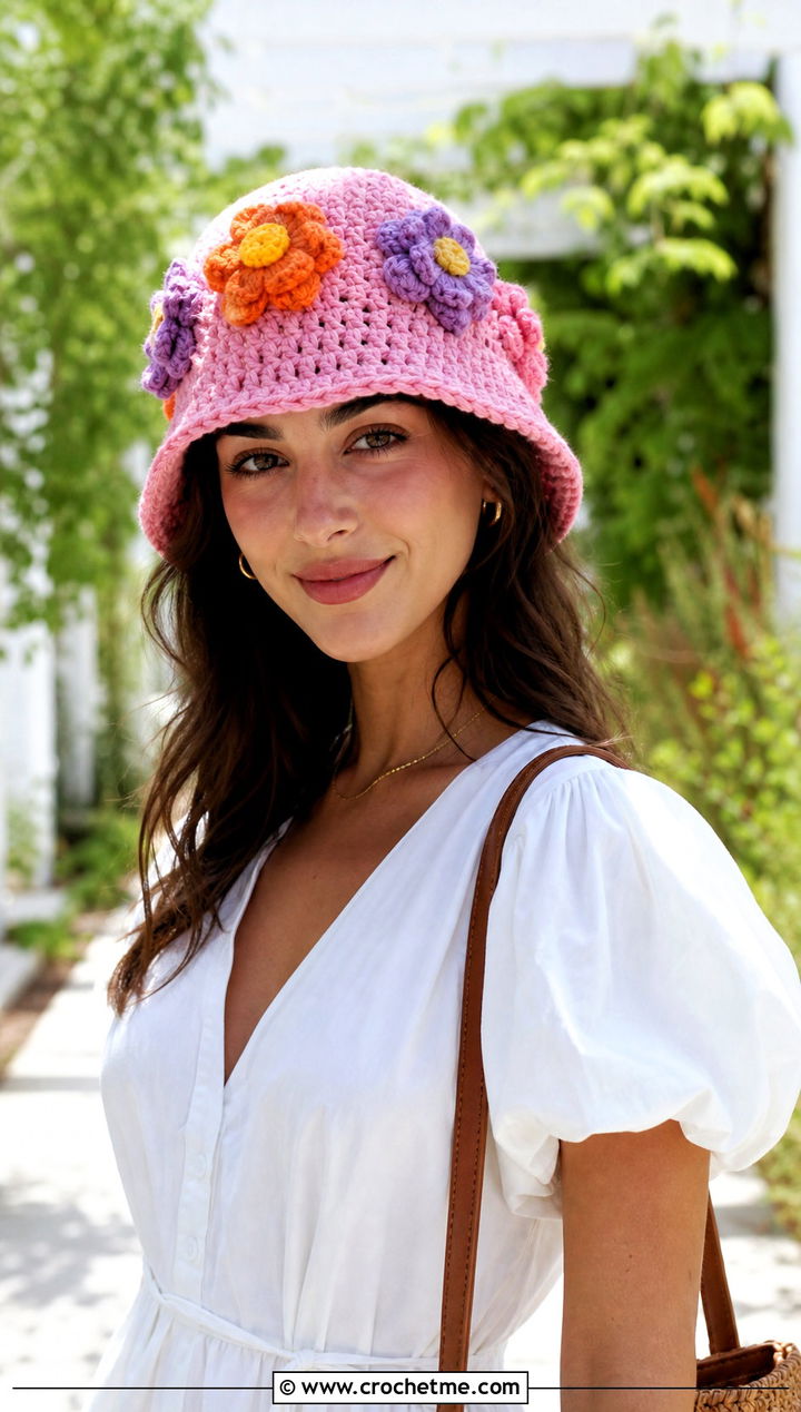 Floral Granny Square Bucket Hat With Midi Dress - 30 crochet square hat outfit ideas