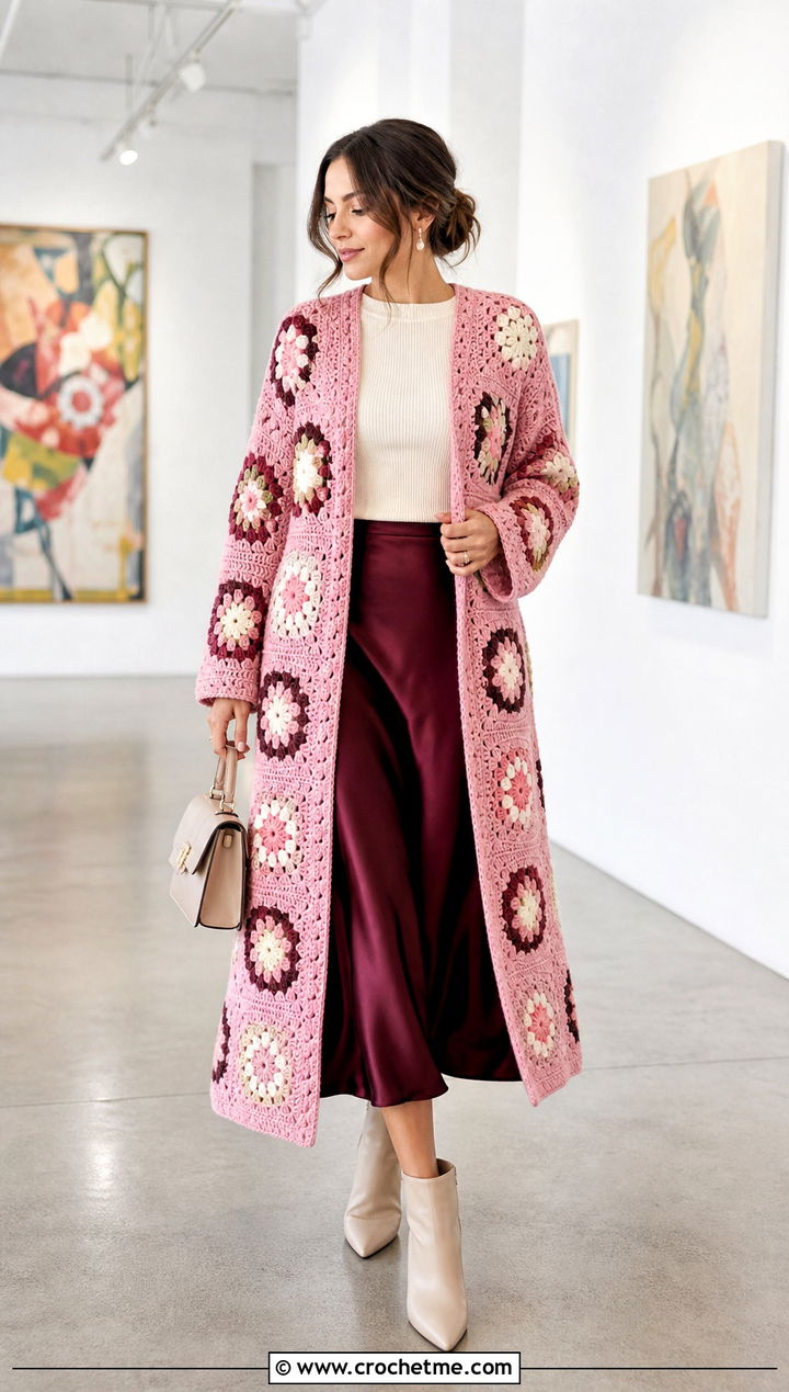 Floral Granny Square Cardigan Coat With Satin Midi Skirt - 15 crochet granny square afghan style coat cardigan outfit ideas