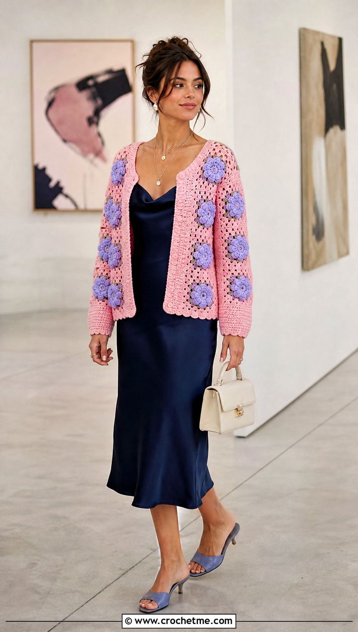 Floral Granny Square Cardigan With A Satin Slip Dress - 20 boho granny square cardigan outfit ideas