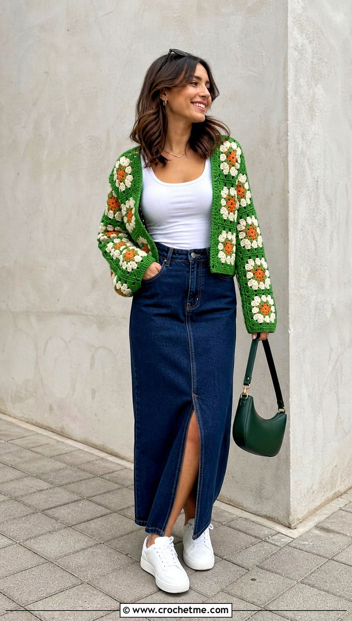 Floral Granny Square Cardigan With Denim Maxi Skirt - 30 crochet granny squares cardigan outfit ideas