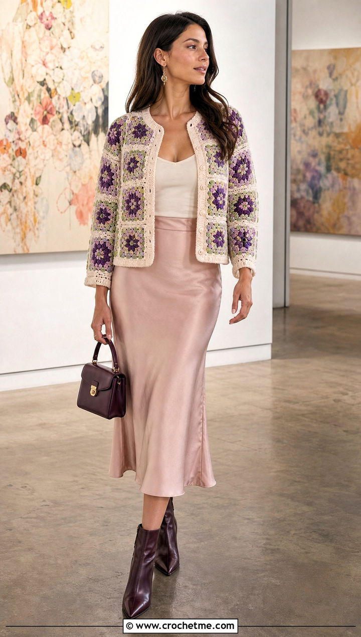 Floral Granny Square Cardigan With Satin Midi Skirt - 20 Crochet Fall Granny Square Cardigan outfit ideas