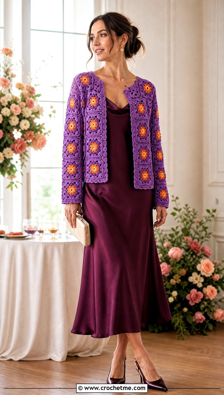Floral Granny Square Cardigan With Satin Slip Dress - 25 crochet block cardigan outfit ideas