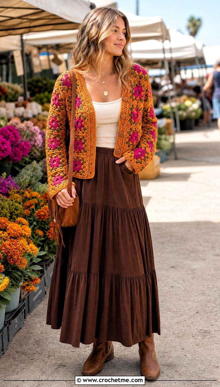 Floral Granny Square Cardigan With Tiered Maxi Skirt - 30 cardigan with granny square outfit ideas