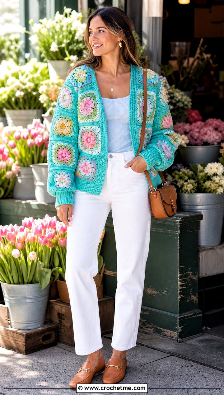 Floral Granny Square Cardigan With White Jeans - 35 Easy Simple Crochet Granny Square Cardigan outfit ideas