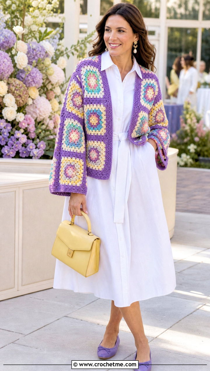 Floral Granny Square Cardigan With White Shirt Dress - 25 pastel granny square cardigan outfit ideas