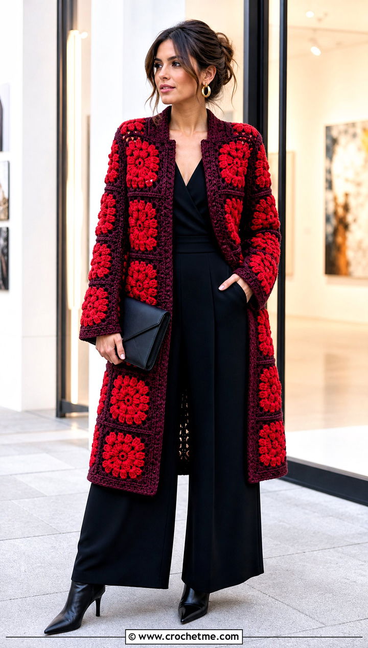 Floral Granny Square Coat With Black Jumpsuit - 30 crochet granny square coat outfit ideas