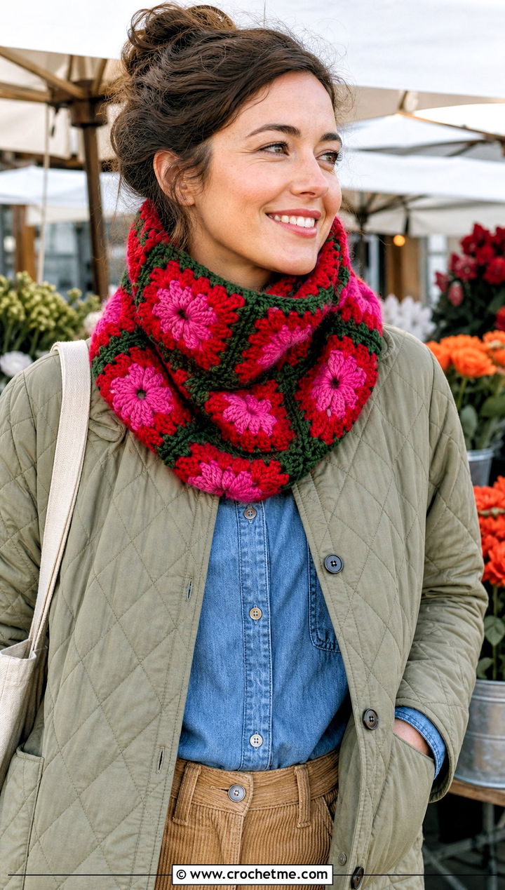 Floral Granny Square Cowl With Quilted Jacket - 25 Granny Square Cowl outfit ideas