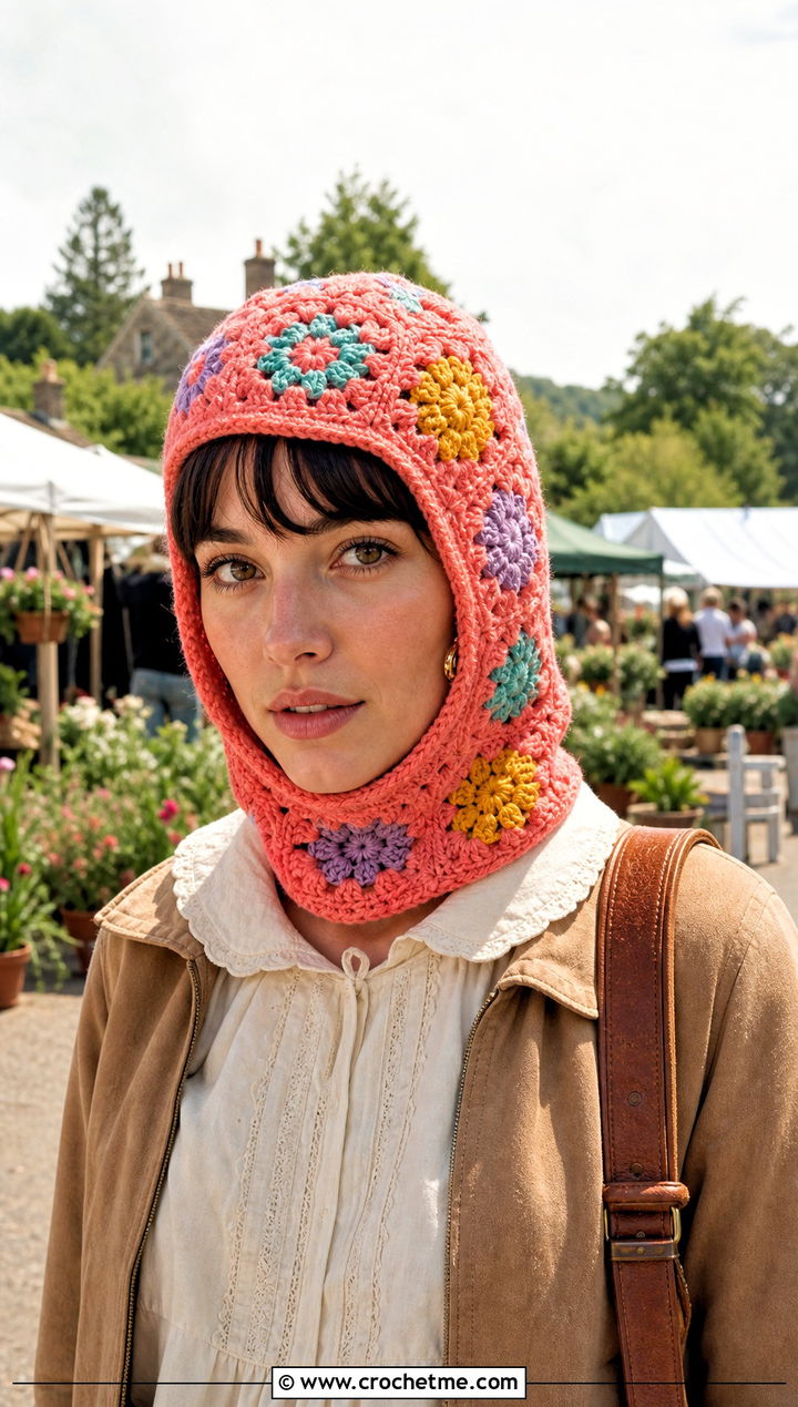 Floral Granny Square Crochet Balaclava With Prairie Dress - 25 easy crochet balaclava outfit ideas