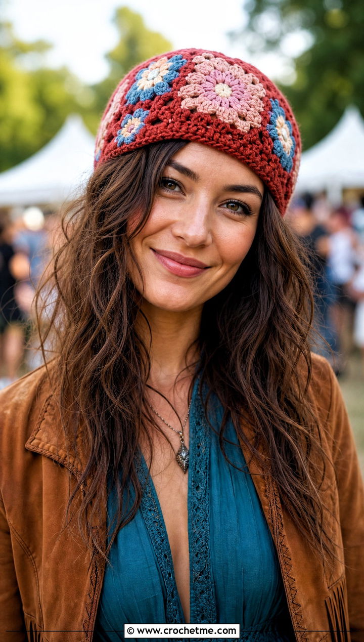 Floral Granny Square Crochet Beanie With Boho Dress - 30 crochet beanies for women outfit ideas