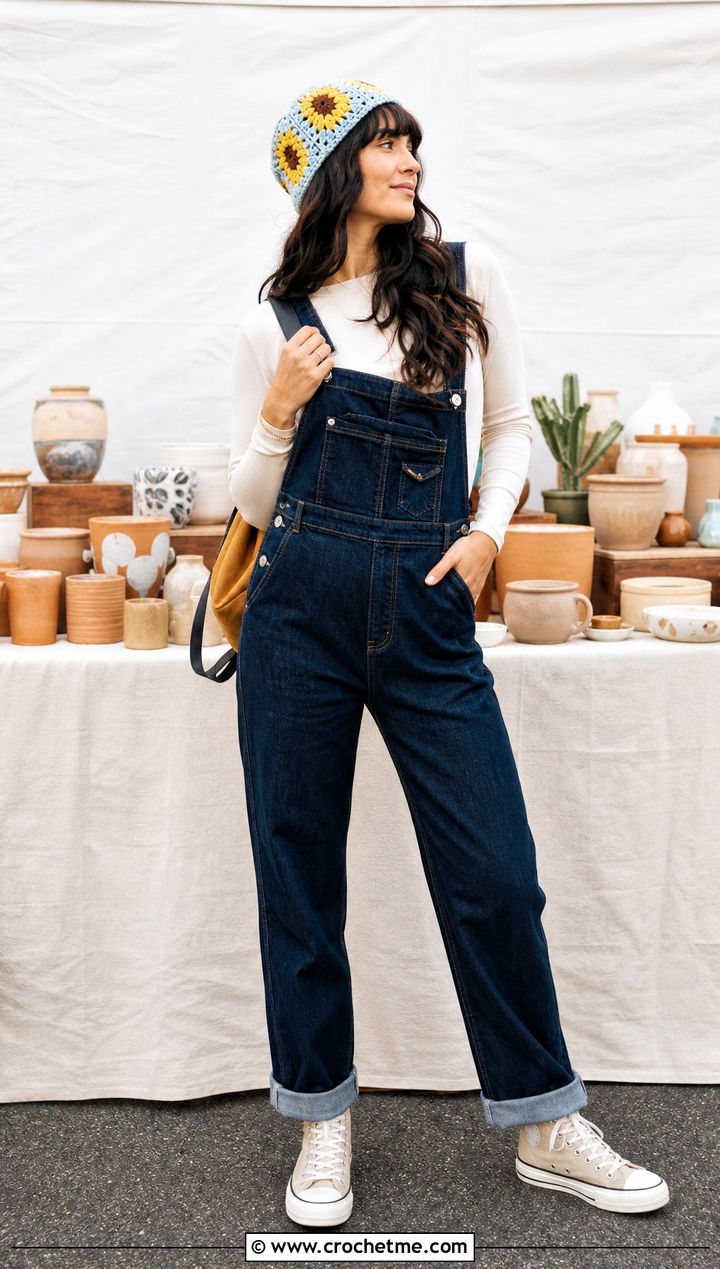 Floral Granny Square Crochet Beanie With Overalls - 35 cute crochet beanie outfit ideas