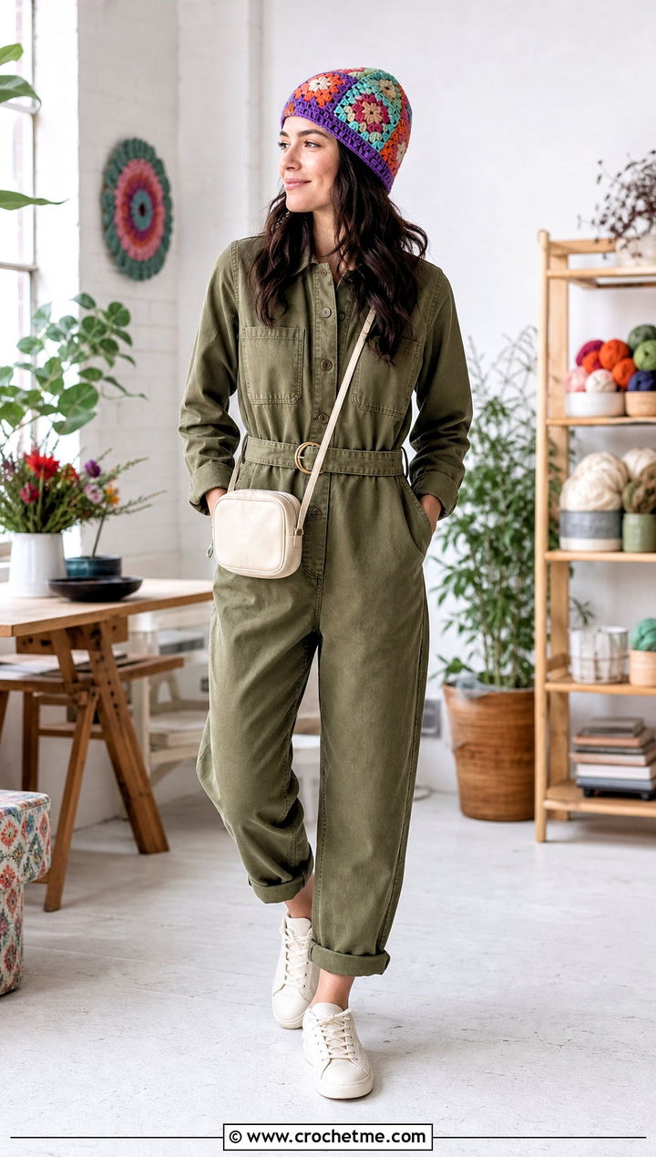 Floral Granny Square Crochet Beanie With Utility Jumpsuit - 35 cute crochet beanies outfit ideas