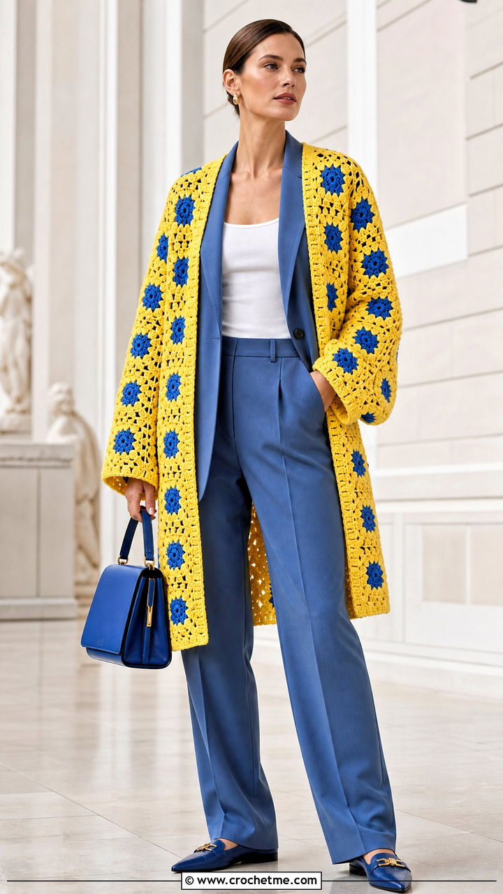 Floral Granny Square Crochet Blanket Cardigan With Tailored Suit - 35 crochet blanket cardigan outfit ideas