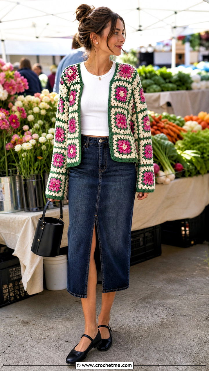 Floral Granny Square Crochet Cardigan With Denim Midi Skirt - 35 granny square crochet cardigan outfit ideas
