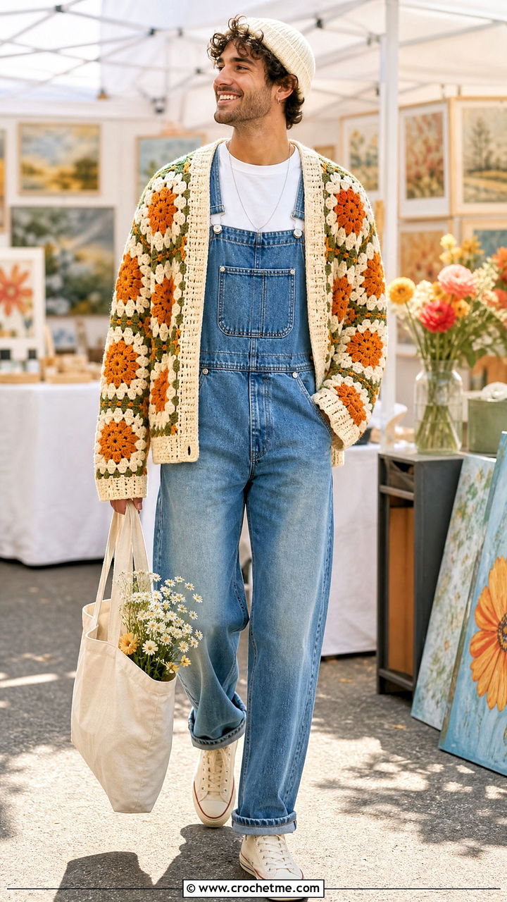 Floral Granny Square Crochet Cardigan With Overalls - 35 crochet cardigan men outfit ideas