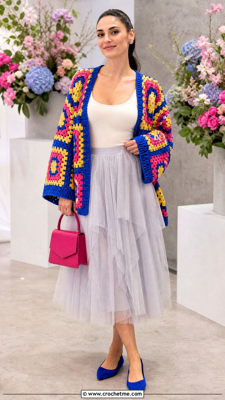 Floral Granny Square Crochet Cardigan With Tulle Skirt - 35 oversized crochet cardigan outfit ideas