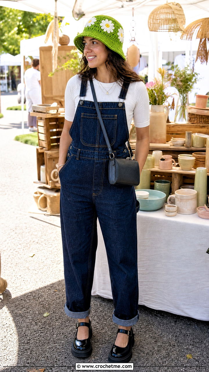 Floral Granny Square Crochet Cloche Hat With Overalls And Mary Janes - 35 crochet cloche hat outfit ideas