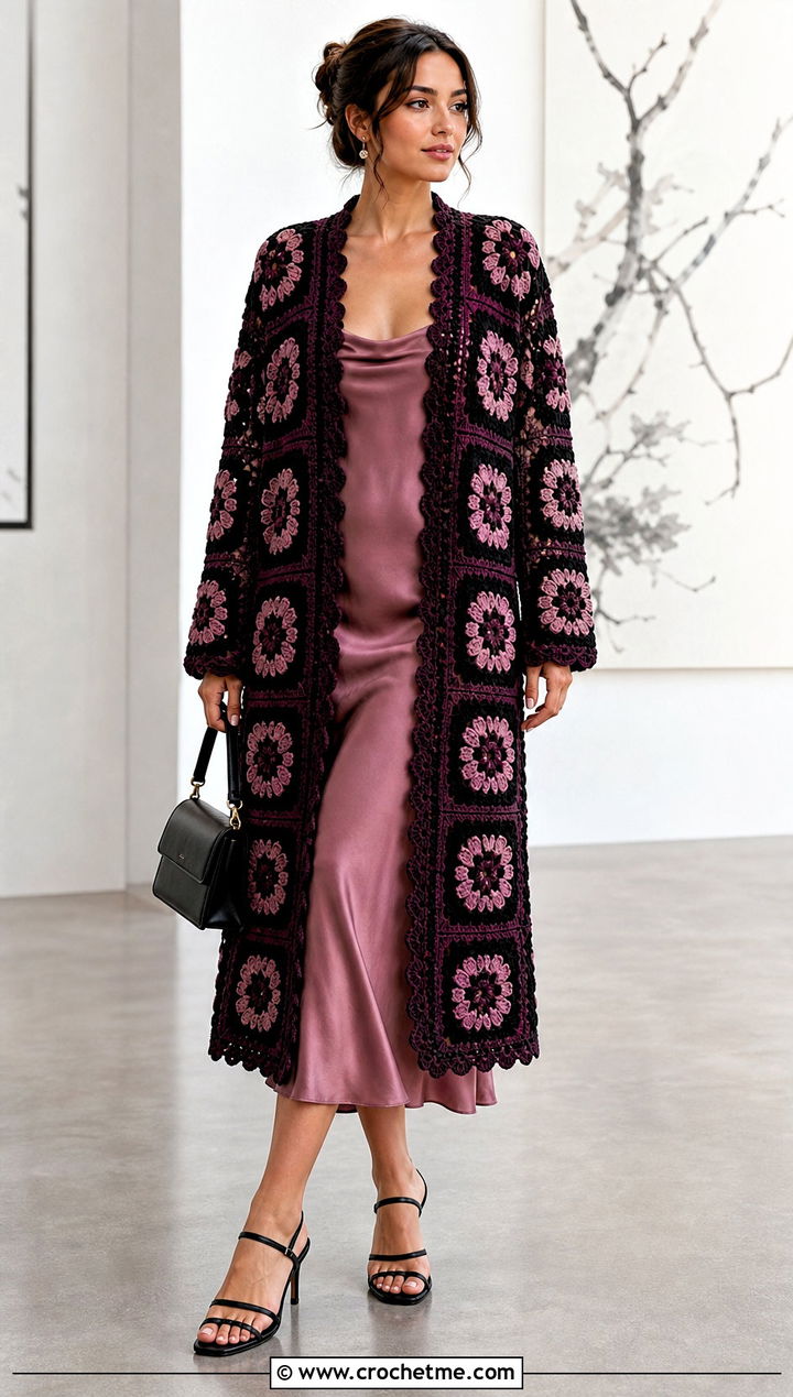 Floral Granny Square Crochet Coat With Satin Slip Dress - 25 Granny Square Crochet Coat outfit ideas
