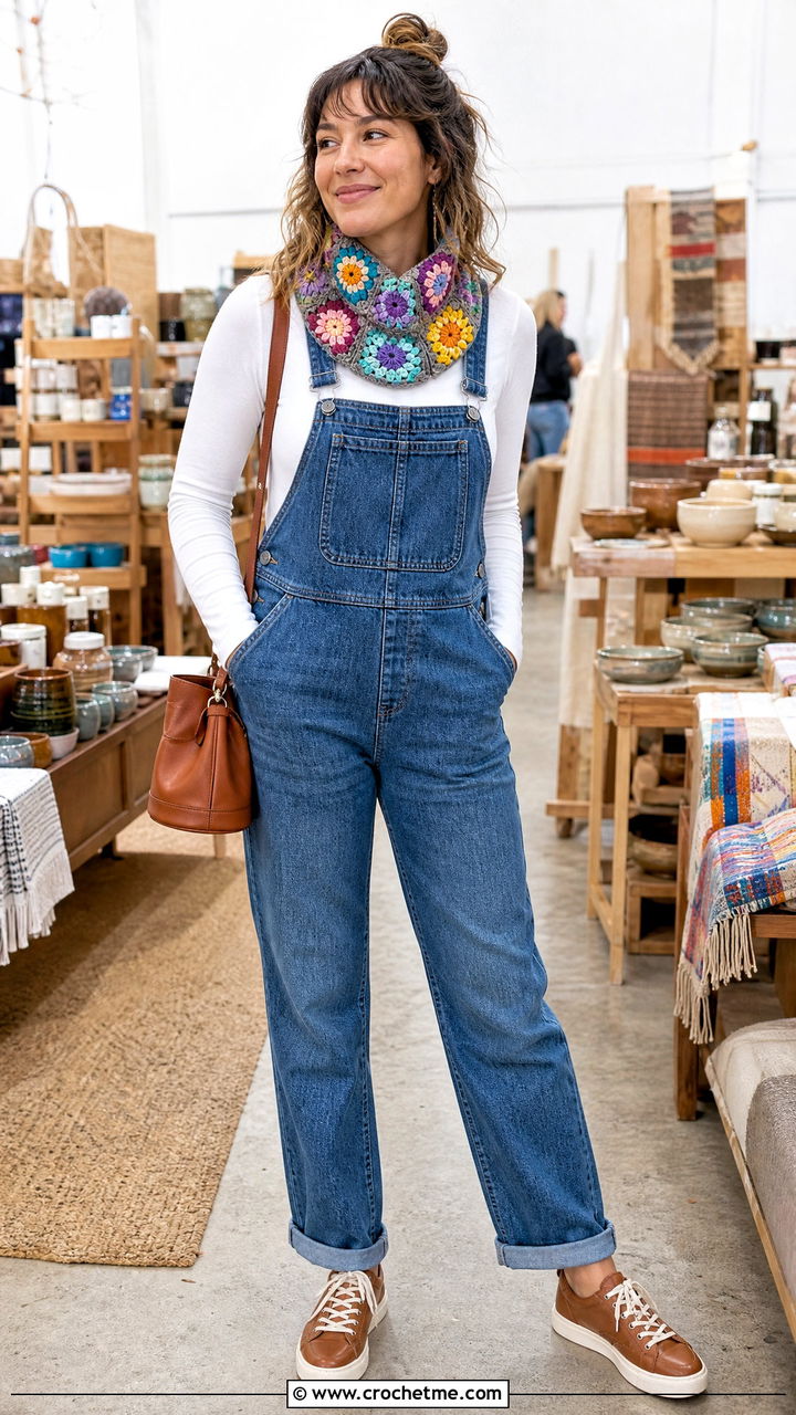 Floral Granny Square Crochet Cowl Scarf With Overalls - 35 crochet cowell scarf outfit ideas