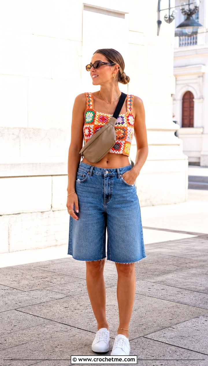Floral Granny Square Crochet Crop Top With Denim Bermuda Shorts - 30 crochet flower crop top outfit ideas