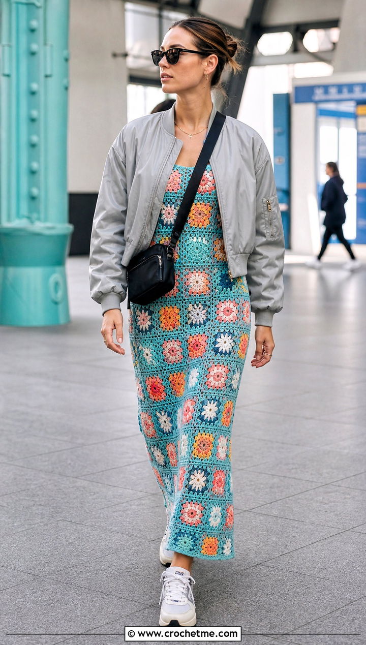 Floral Granny Square Crochet Dress With Bomber Jacket - 35 Crochet Flower Dress outfit ideas