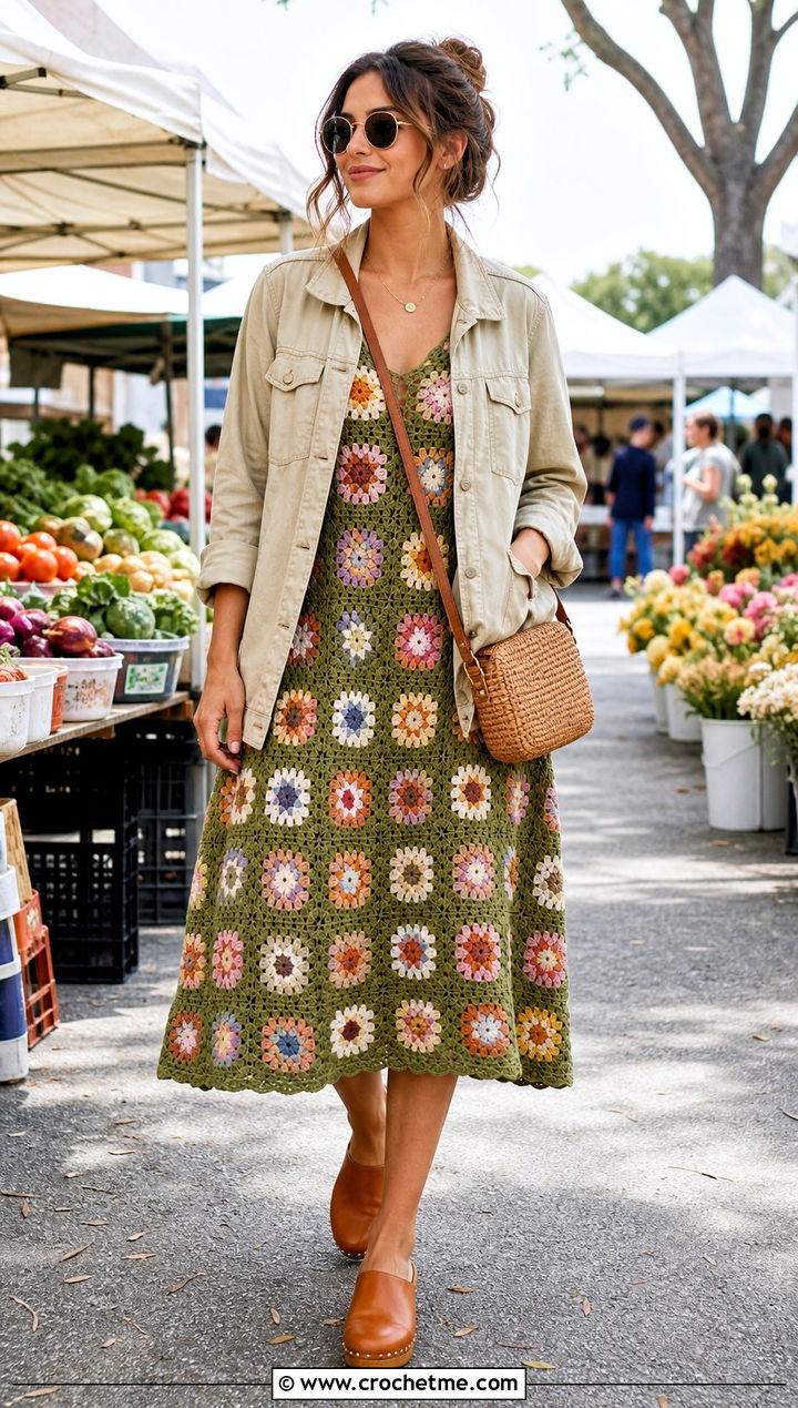 Floral Granny Square Crochet Dress With Utility Jacket - 25 Granny Square Crochet Dress outfit ideas