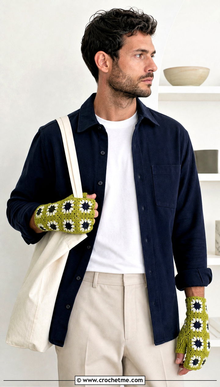 Floral Granny Square Crochet Gloves With Minimal Outfit - 25 men's crochet gloves outfit ideas