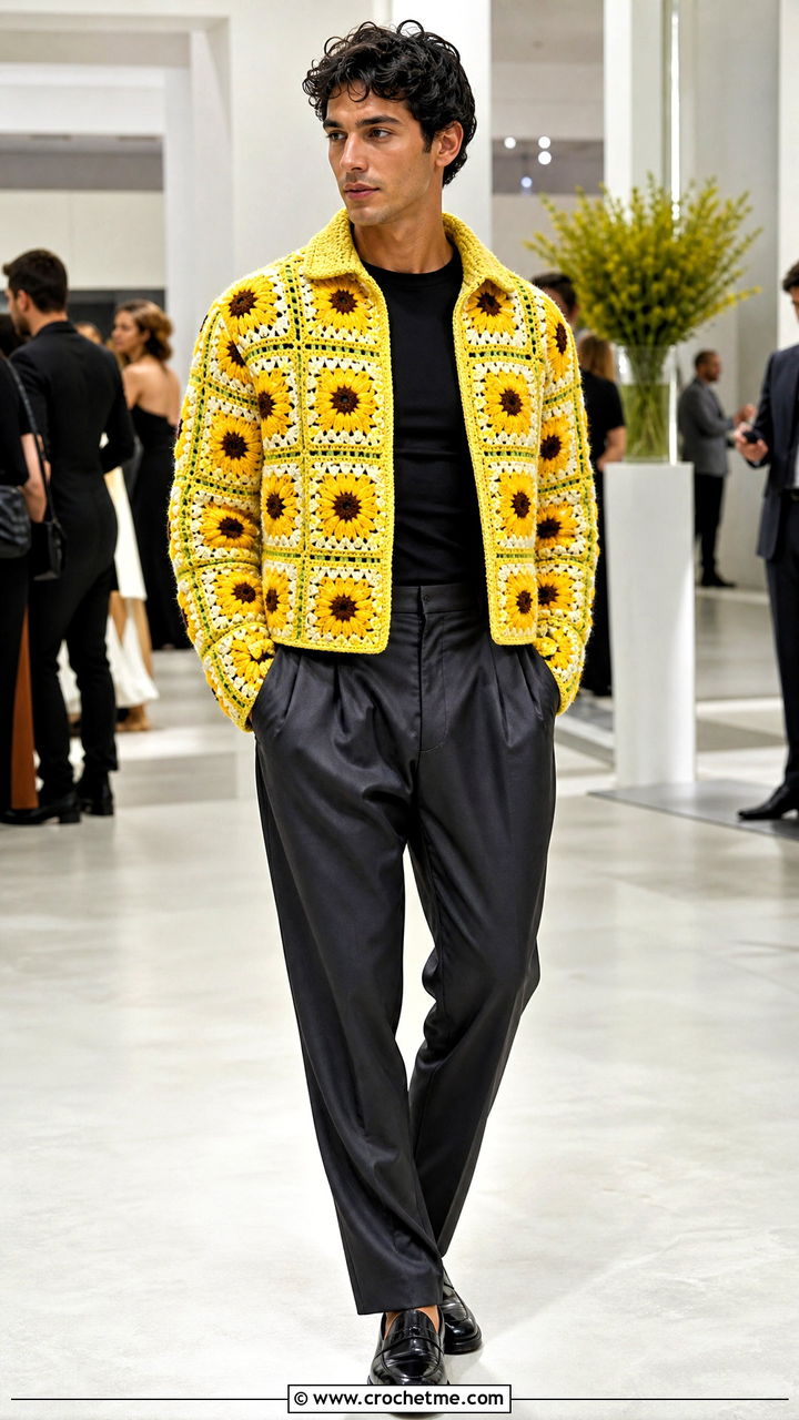 Floral Granny Square Crochet Jacket With Satin Trousers - 35 crochet jacket for men outfit ideas