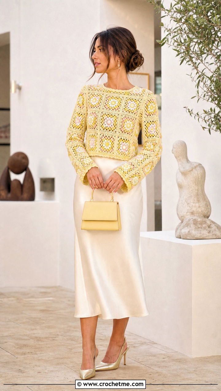 Floral Granny Square Crochet Long Sleeve Top With Satin Midi Skirt - 25 Granny Square Crochet Long Sleeve Top outfit ideas