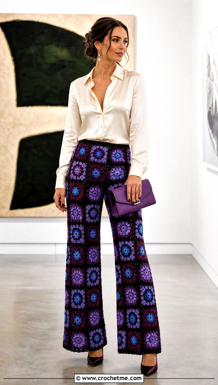 Floral Granny Square Crochet Pants With Satin Blouse - 25 Granny Square Crochet Pants outfit ideas