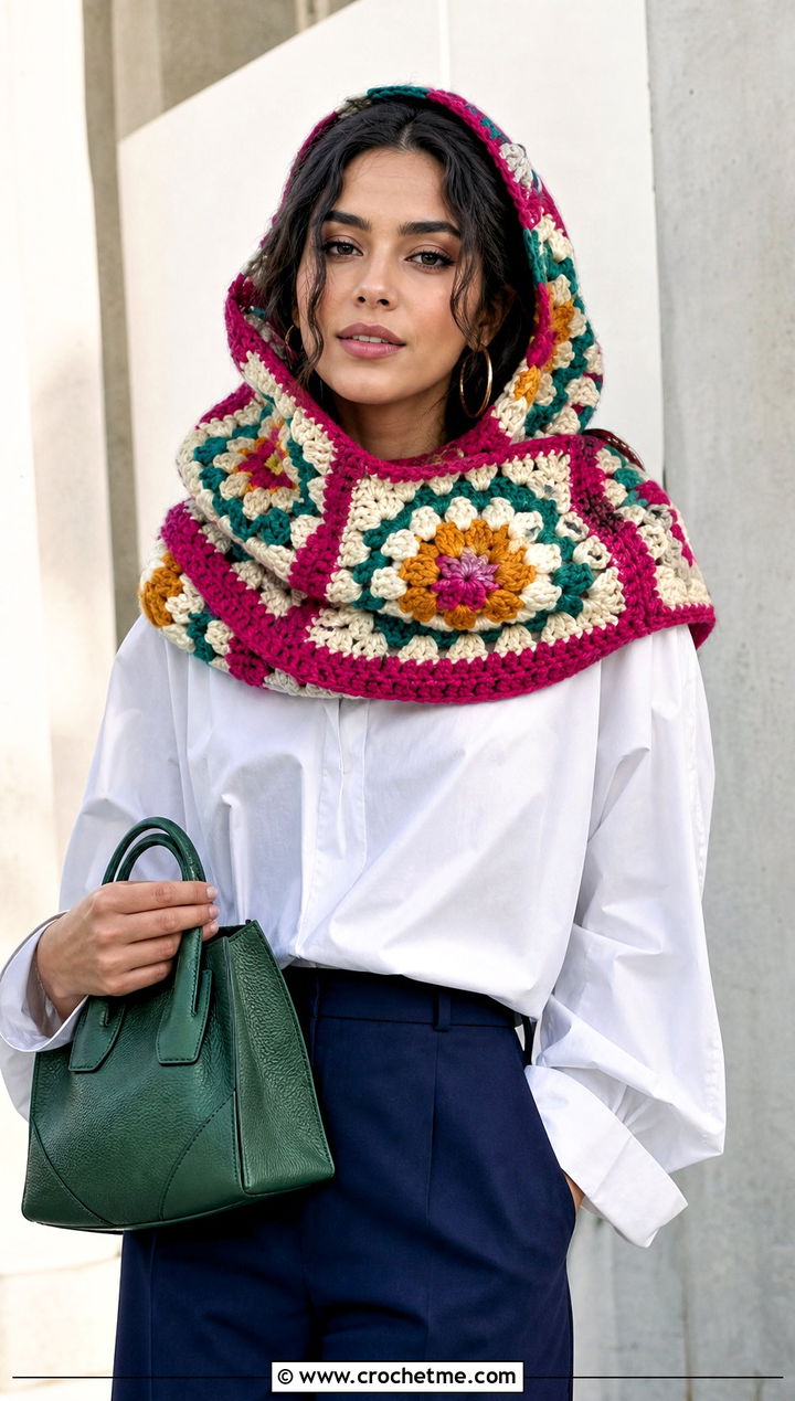 Floral Granny Square Crochet Scoodie With White Shirt Outfit - 30 crochet scarf with hood outfit ideas