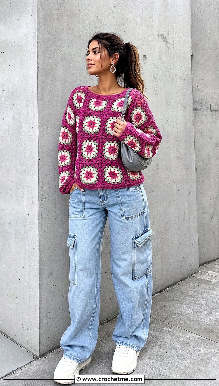 Floral Granny Square Crochet Sweater With Cargo Jeans - 25 vintage crochet sweater outfit ideas