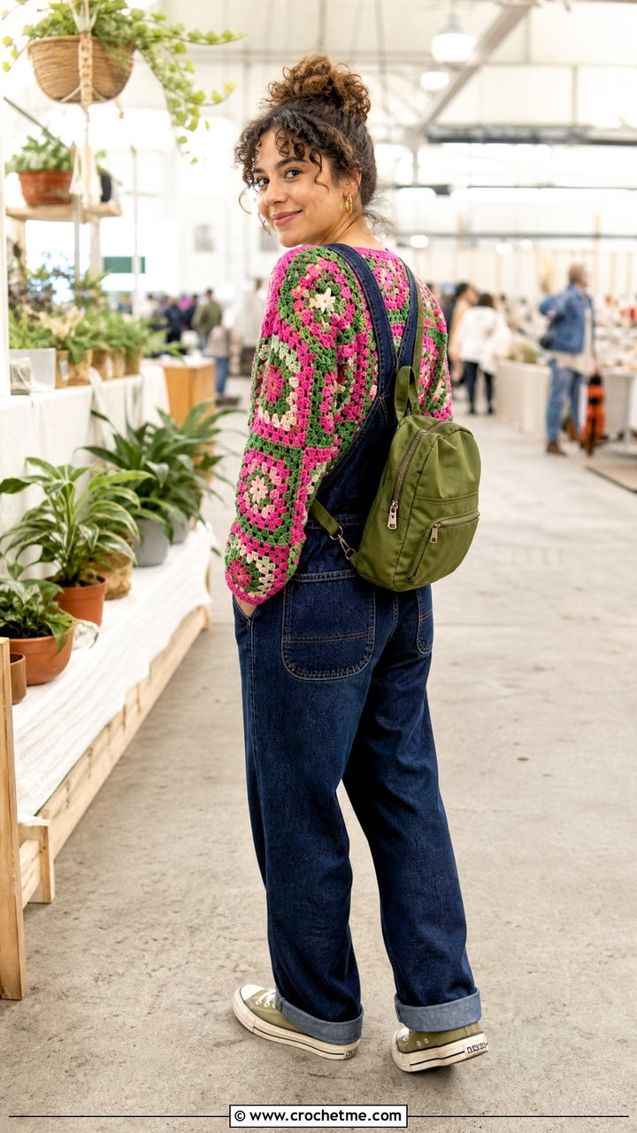 Floral Granny Square Crochet Sweater With Denim Overalls - 35 granny square crochet sweater outfit ideas