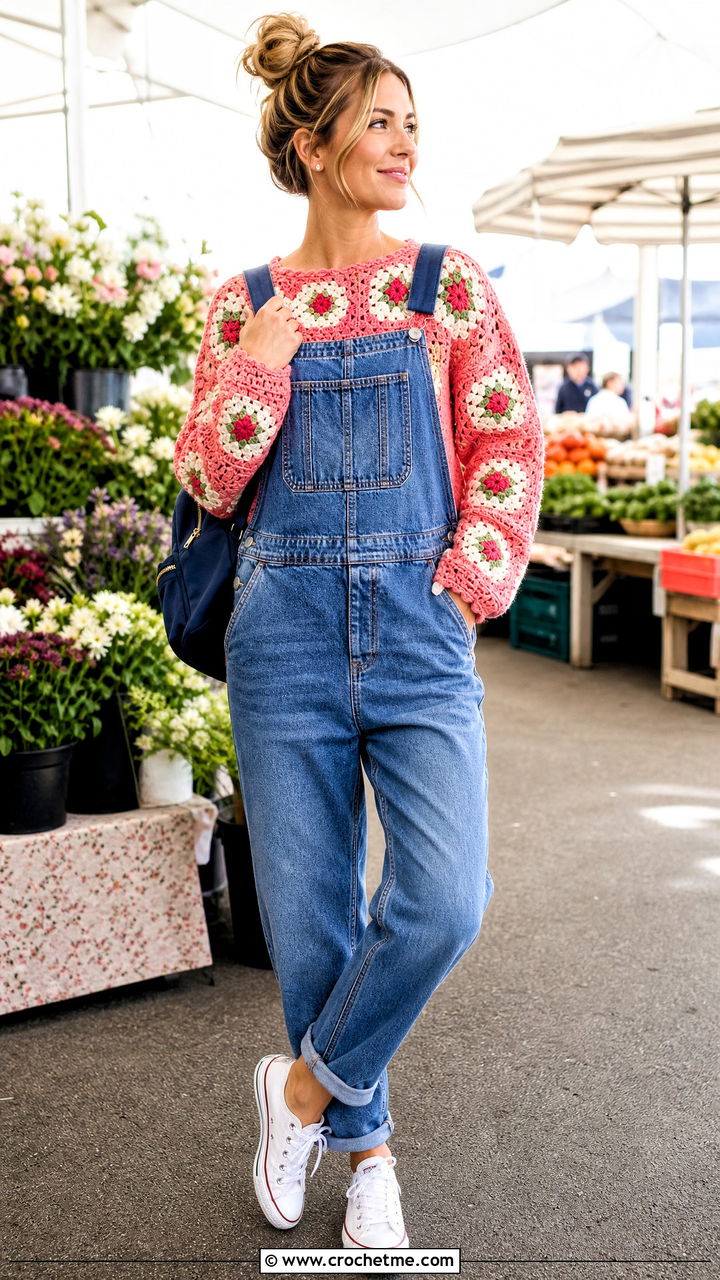 Floral Granny Square Crochet Sweater With Overalls - 35 cute crochet sweaters outfit ideas