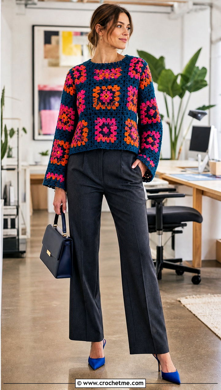 Floral Granny Square Crochet Sweater With Suit Trousers - 35 cute crochet sweater outfit ideas