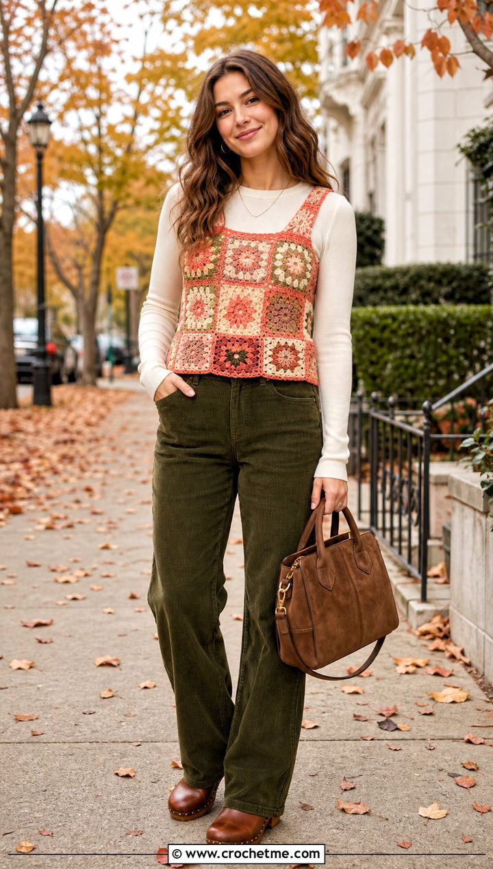 Floral Granny Square Crochet Tank Top With Corduroy Pants - 25 Granny Square Crochet Tank Top outfit ideas
