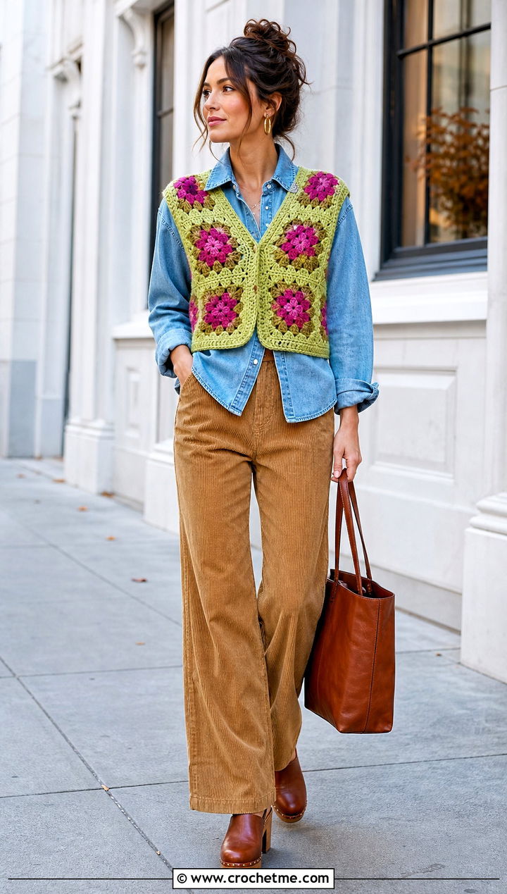 Floral Granny Square Crochet Vest With Denim Shirt - 25 70S Inspired Crochet Top outfit ideas