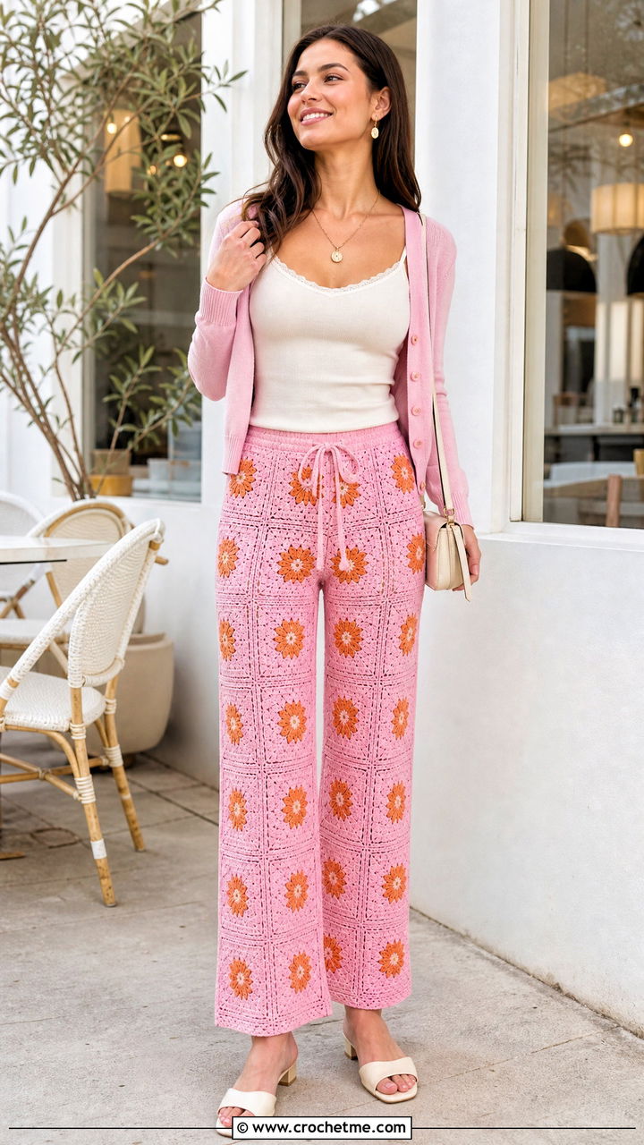 Floral Granny Square Drawstring Pants With Cardigan And Mules - 35 crochet granny square pants outfit ideas