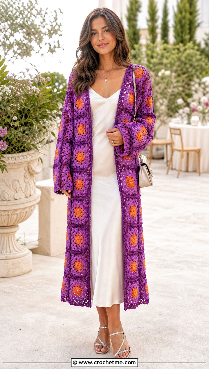 Floral Granny Square Duster With Slip Dress - 35 granny square duster outfit ideas