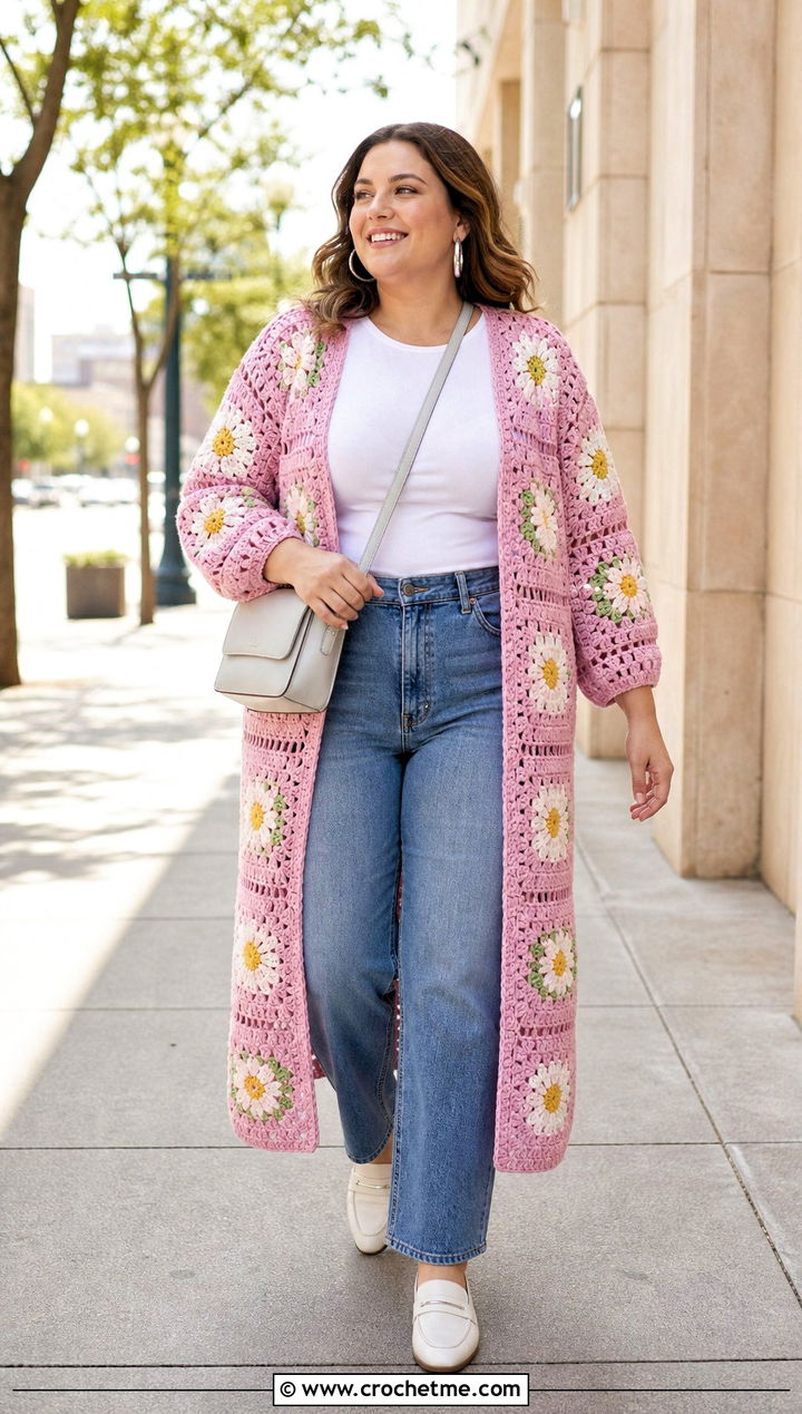 Floral Granny Square Duster With Straight Leg Jeans - 25 Crochet Granny Square Duster outfit ideas
