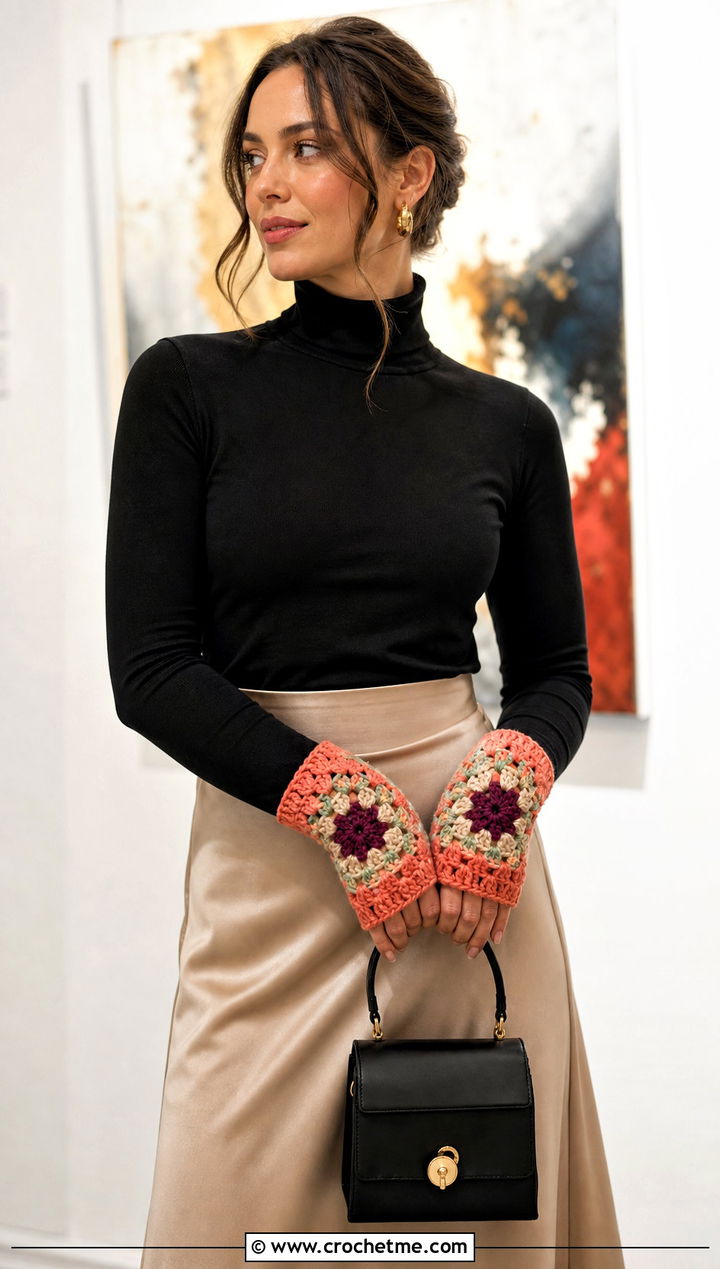 Floral Granny Square Fingerless Gloves With Satin Skirt - 30 crochet granny square fingerless gloves outfit ideas