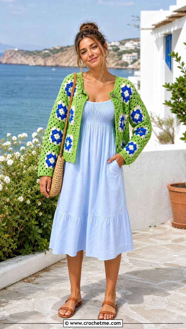Floral Granny Square Harry Styles Cardigan With Cotton Sundress - 15 Crocheting Harry Styles Cardigan outfit ideas