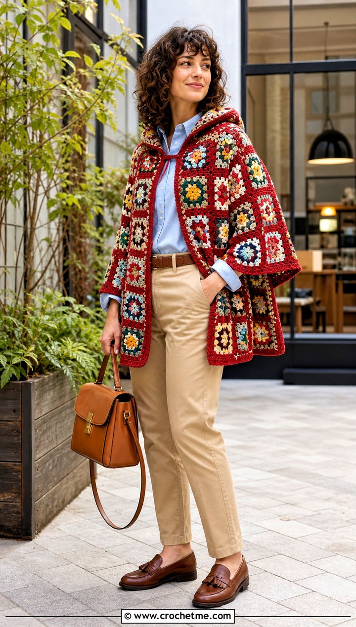 Floral Granny Square Hooded Poncho With Chinos - 35 Crochet Hooded Poncho outfit ideas