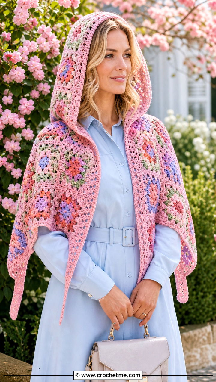Floral Granny Square Hooded Triangle Crochet Shawl With White Shirt Dress - 25 Hooded Triangle Crochet Shawl outfit ideas
