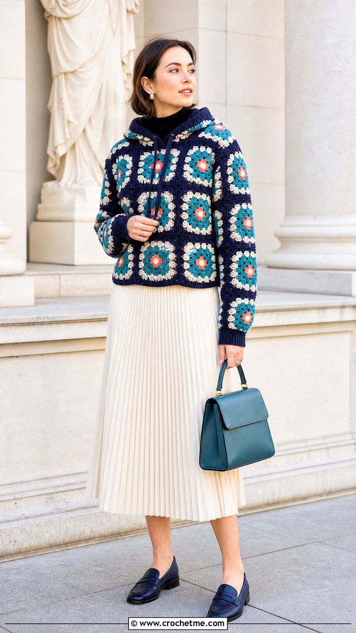 Floral Granny Square Hoodie With Pleated Midi Skirt - 35 granny square hoodie outfit ideas