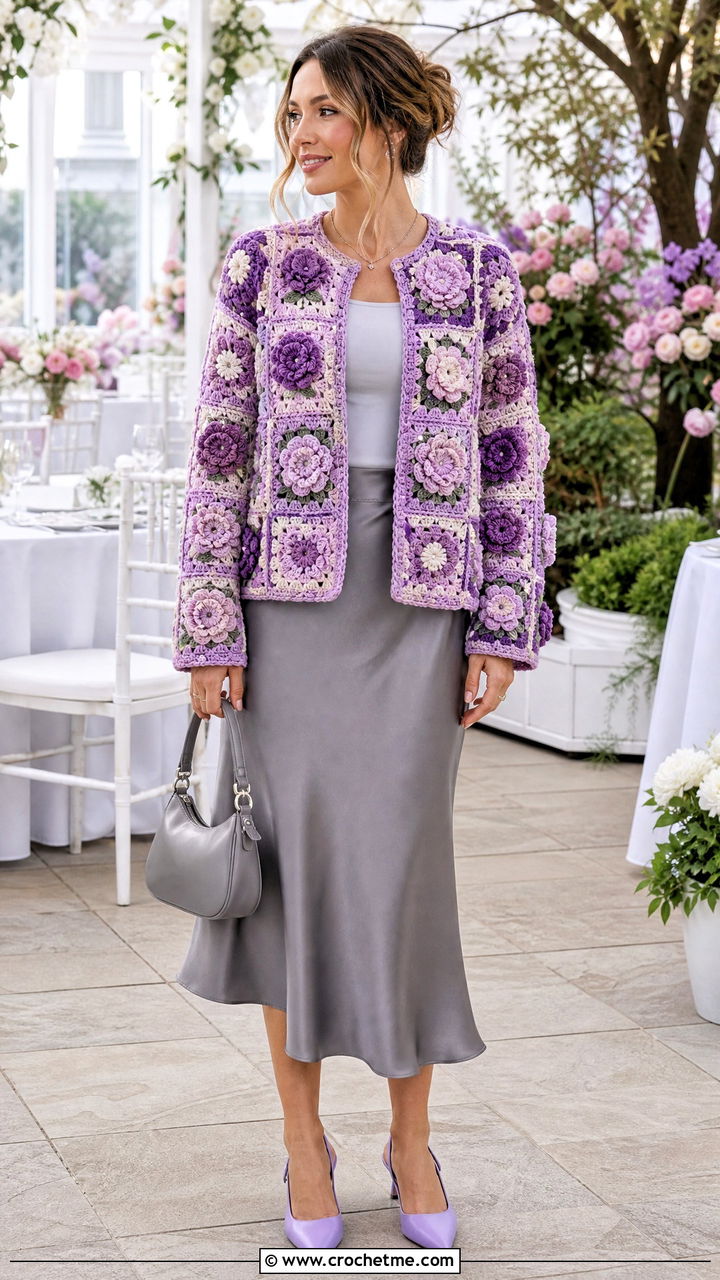 Floral Granny Square Jacket With Satin Midi Skirt - 35 granny square jacket outfit ideas