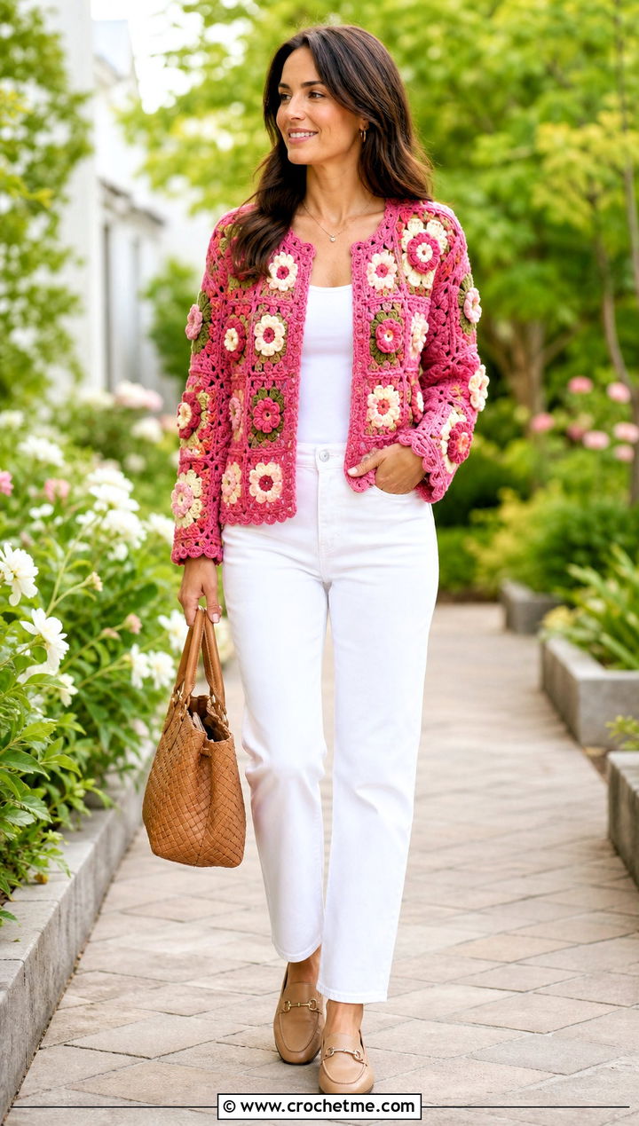 Floral Granny Square Jacket With White Jeans - 30 crochet granny square jacket outfit ideas