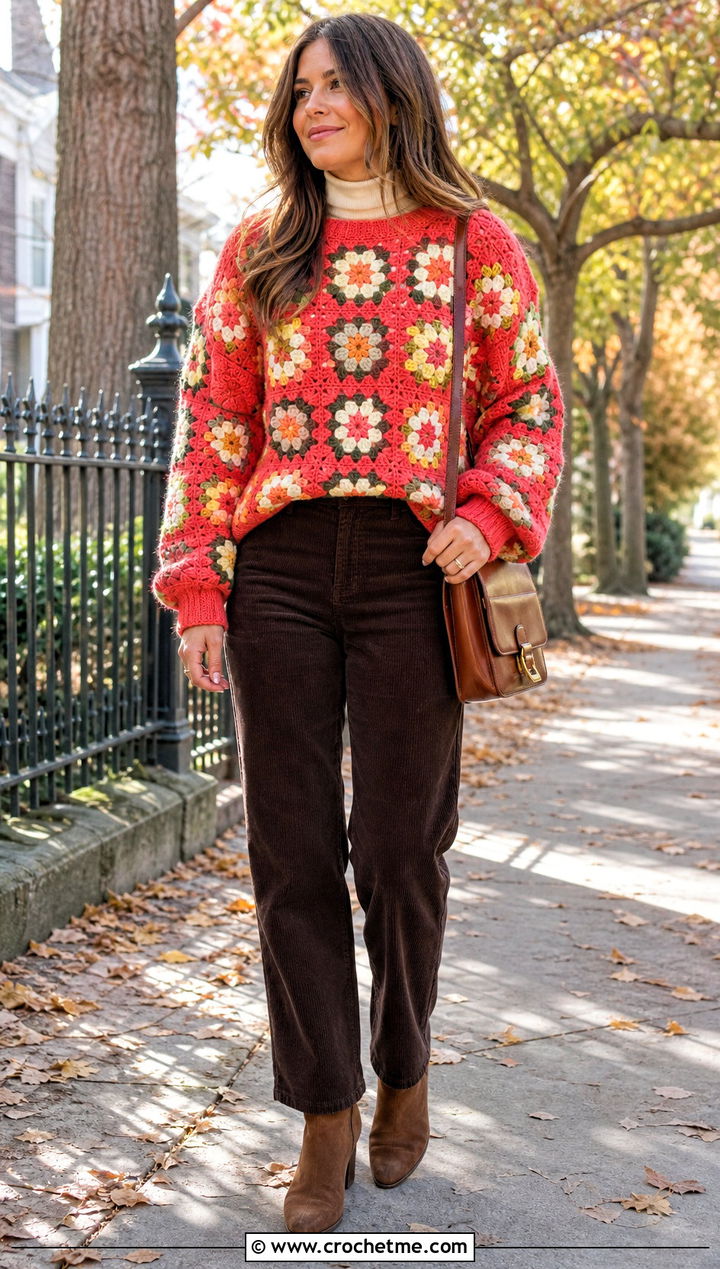 Floral Granny Square Jumper With Corduroy Pants - 25 Crochet Granny Jumper outfit ideas